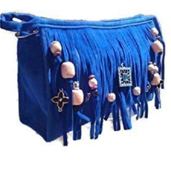 Fringed CROSSBODY BLUE Purse Clutch w Chain Charm Enamel Flower Charm - Picture 5 of 13